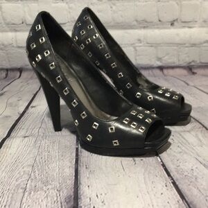 BCBGirls Border heels Peep toe black leather studded Size 6